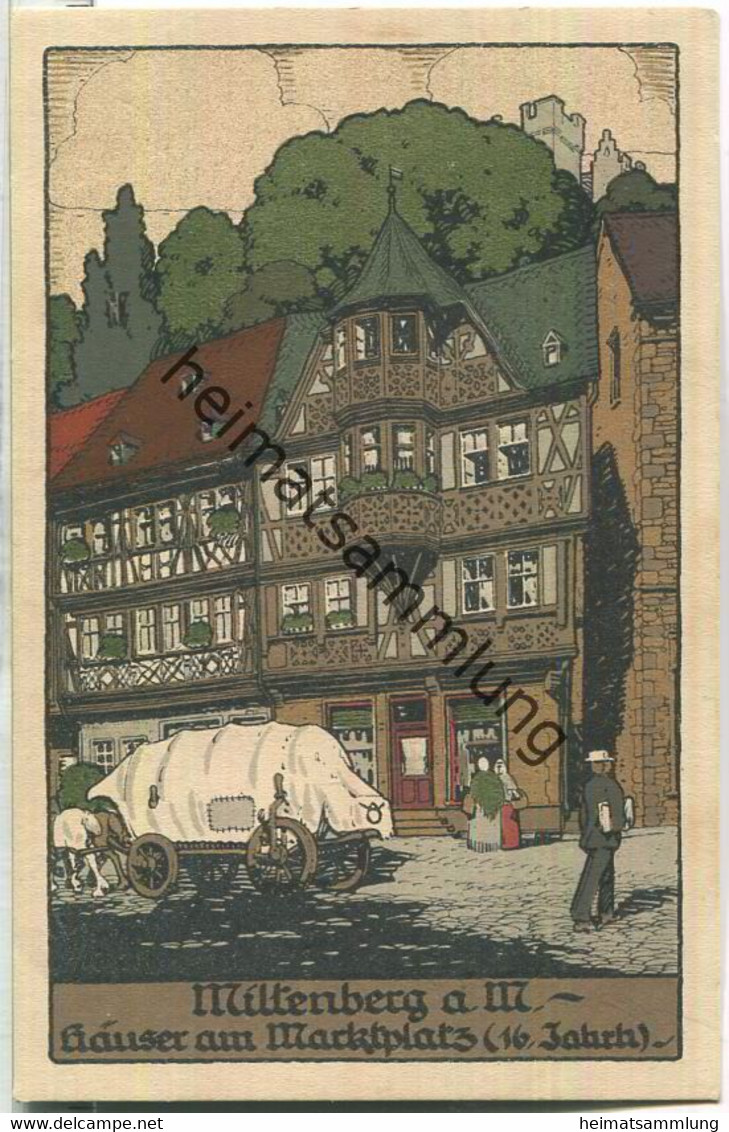 Miltenberg am Main - Häuser am Marktplatz - Künstlerkarte Stein-Zeichnung - Verlag C. Samhaber Aschaffenburg