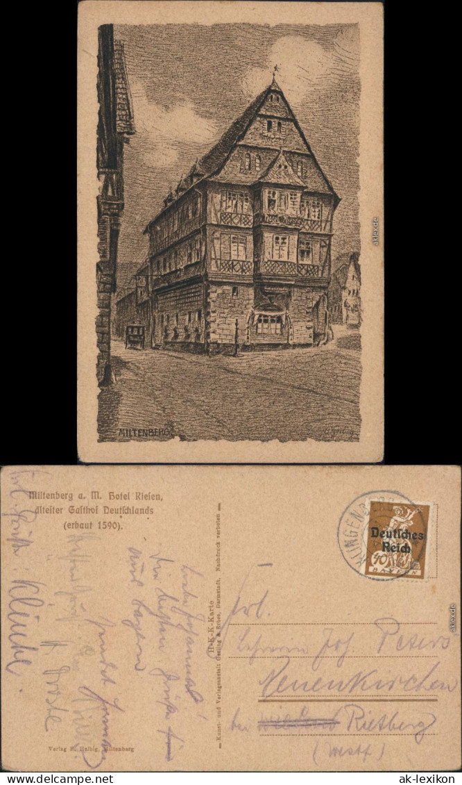 Miltenberg (Main) Federzeichnung - Künstlerkarte, Gasthaus zum Riesen 1924