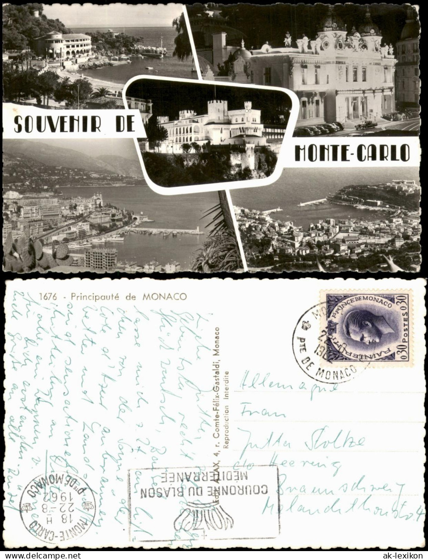 Monaco Mehrbildkarte Souvenir  Monte-Carlo Fürstenpalast, Casino und Hafen 1962