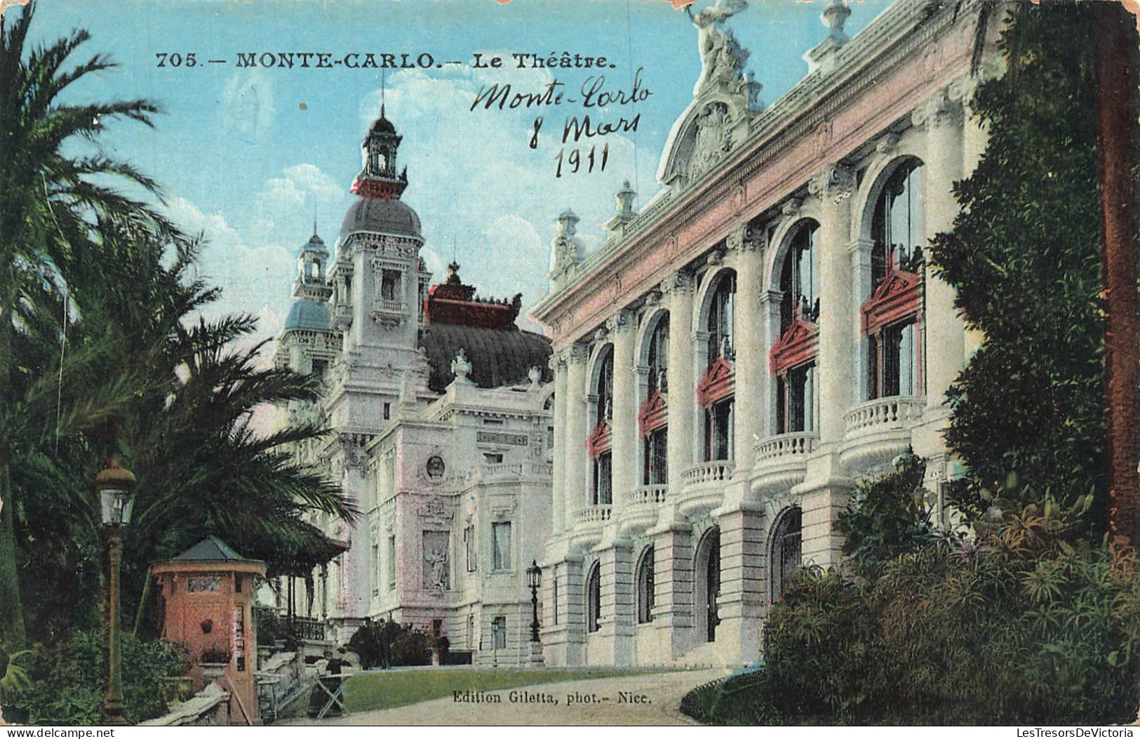 MONACO - Monte Carlo - Théâtre - allée - architecture - balcon - dômes - colorisé - animé - Carte Postale Ancienne