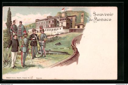 Lithographie Monaco, Soldaten in Uniform vor dem Fürstenpalast