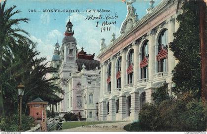 MONACO - Monte Carlo - Théâtre - allée - architecture - balcon - dômes - colorisé - animé - Carte Postale Ancienne