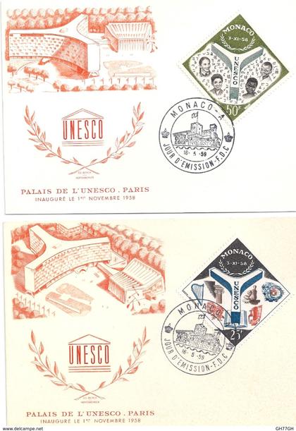 2 CPA TIMBRES MONACO UNESCO PREMIER JOUR 1959