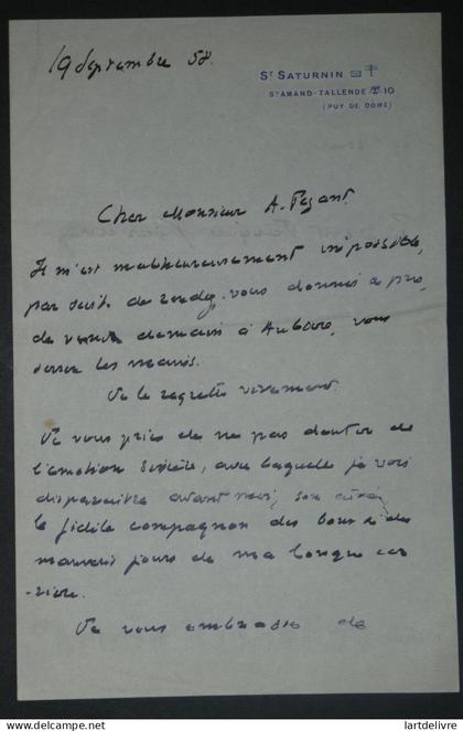 Jacques BARDOUX Lettre Autographe signée, Saint Saturnin, 1958