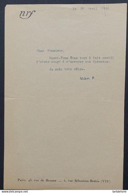 Jean PAULHAN, Gérant de la Nouvelle Revue Française - TAPUSCRIT SIGNÉ, 1945