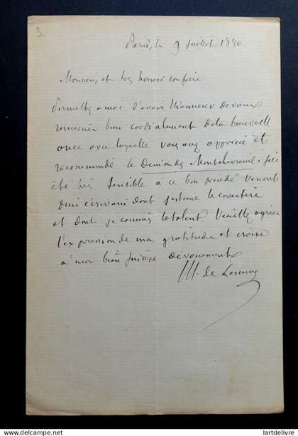 LESCURE Adolphe (de) - LETTRE AUTOGRAPHE SIGNÉE, LETTRE DE REMERCIEMENTS, 1880