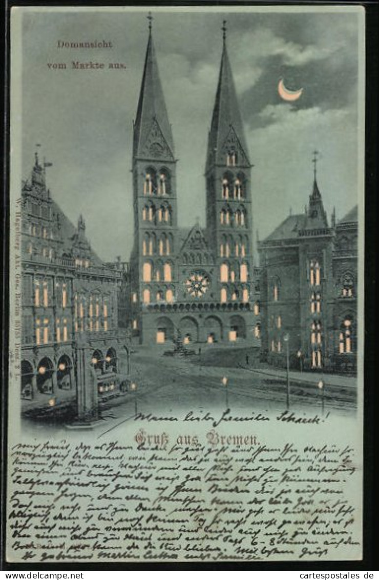 Mondschein-AK Bremen, Domansicht vom Markte aus, Halt gegen das Licht