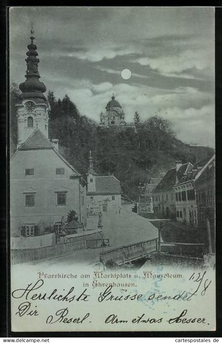 Mondschein-AK Ehrenhausen, Pfarrkirche am Marktplatz und Mausoleum