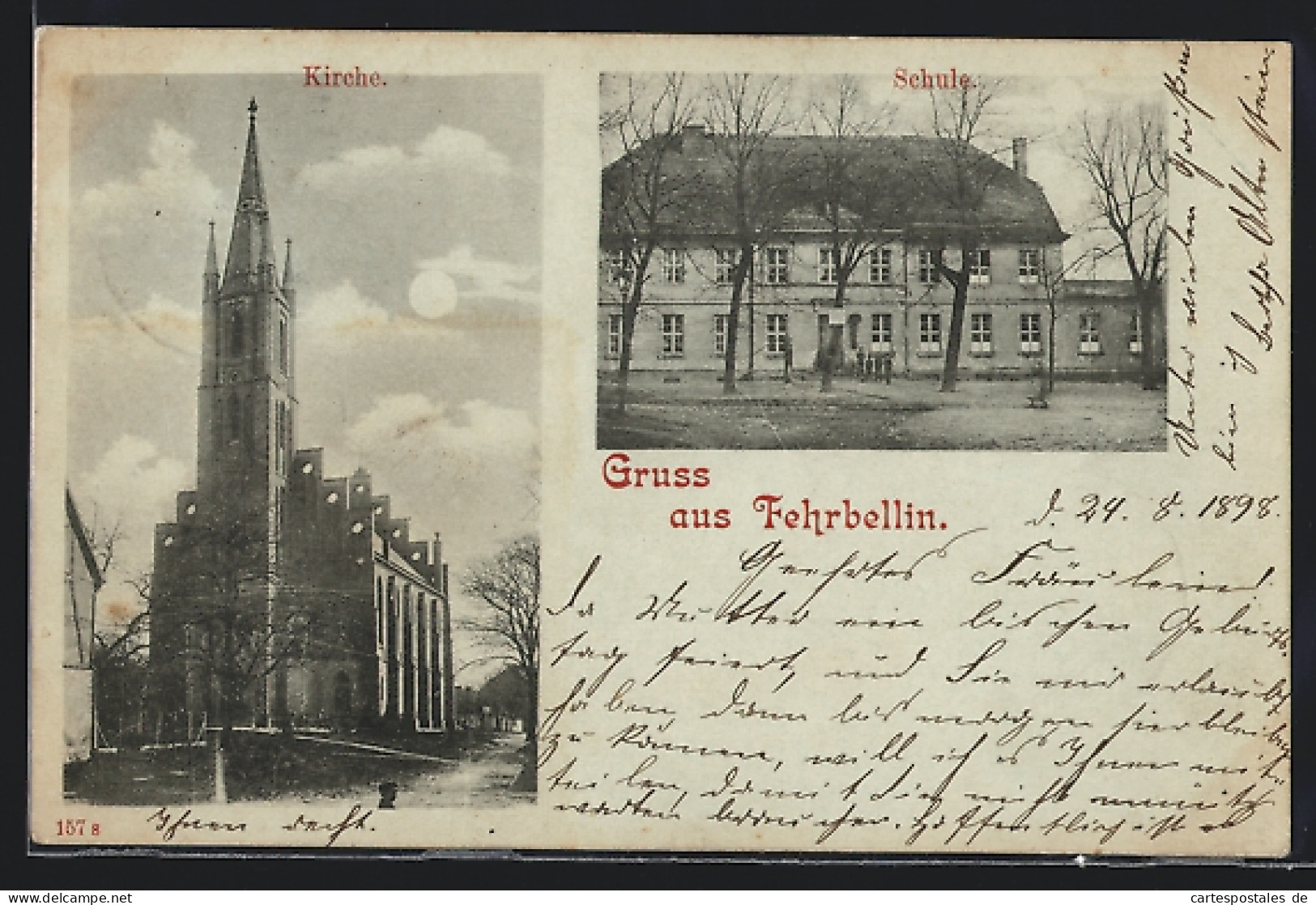 Mondschein-AK Fehrbellin, Kirche und Schule