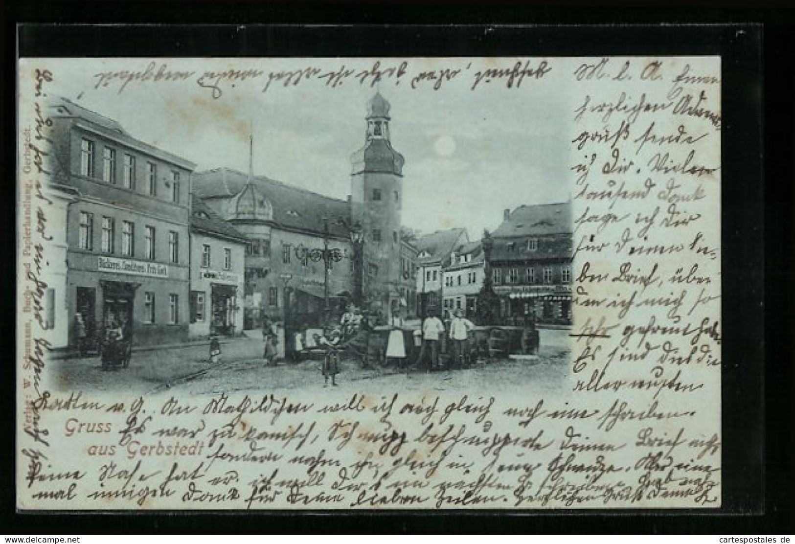 Mondschein-AK Gerbstedt, Strassenpartie mit Bäckerei von Fritz Koch