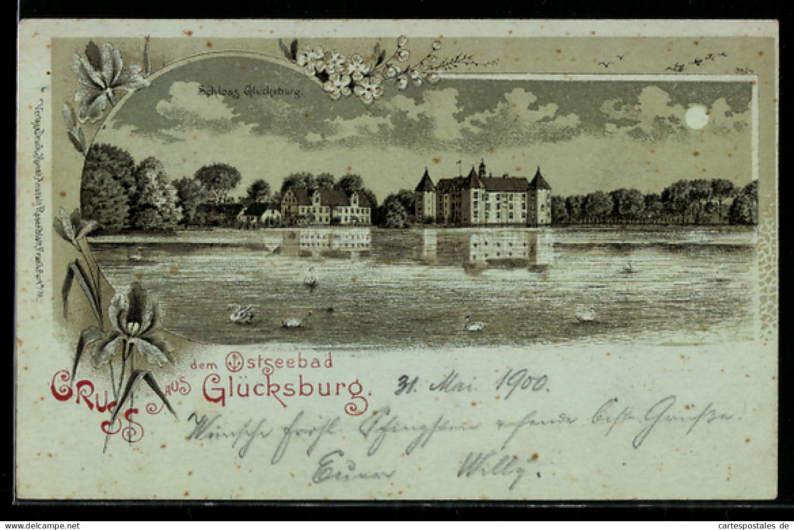 Mondschein-AK Glücksburg, Blick auf das Schloss Glücksburg