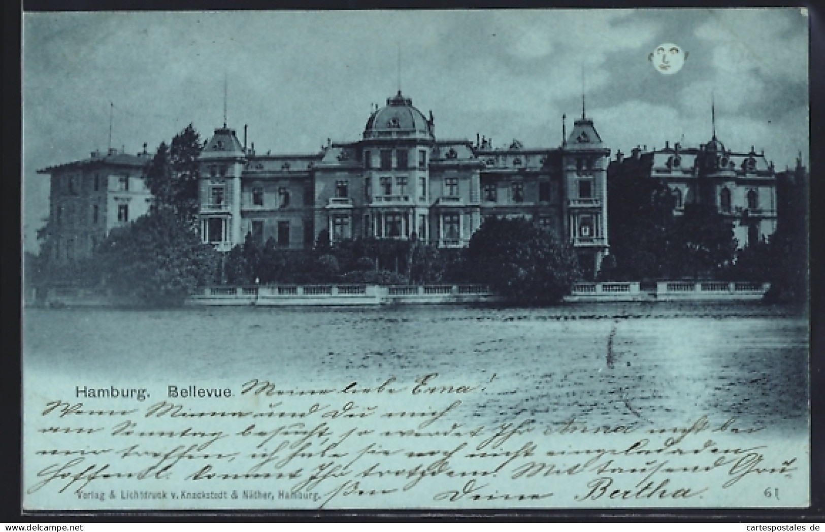 Mondschein-AK Hamburg-Winterhude, Flusspartie am Bellevue