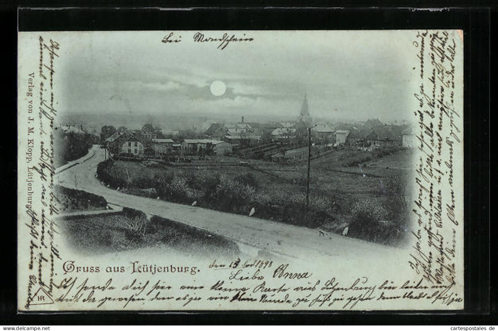 Mondschein-AK Lütjenburg, Ortsansicht mit Landstrasse