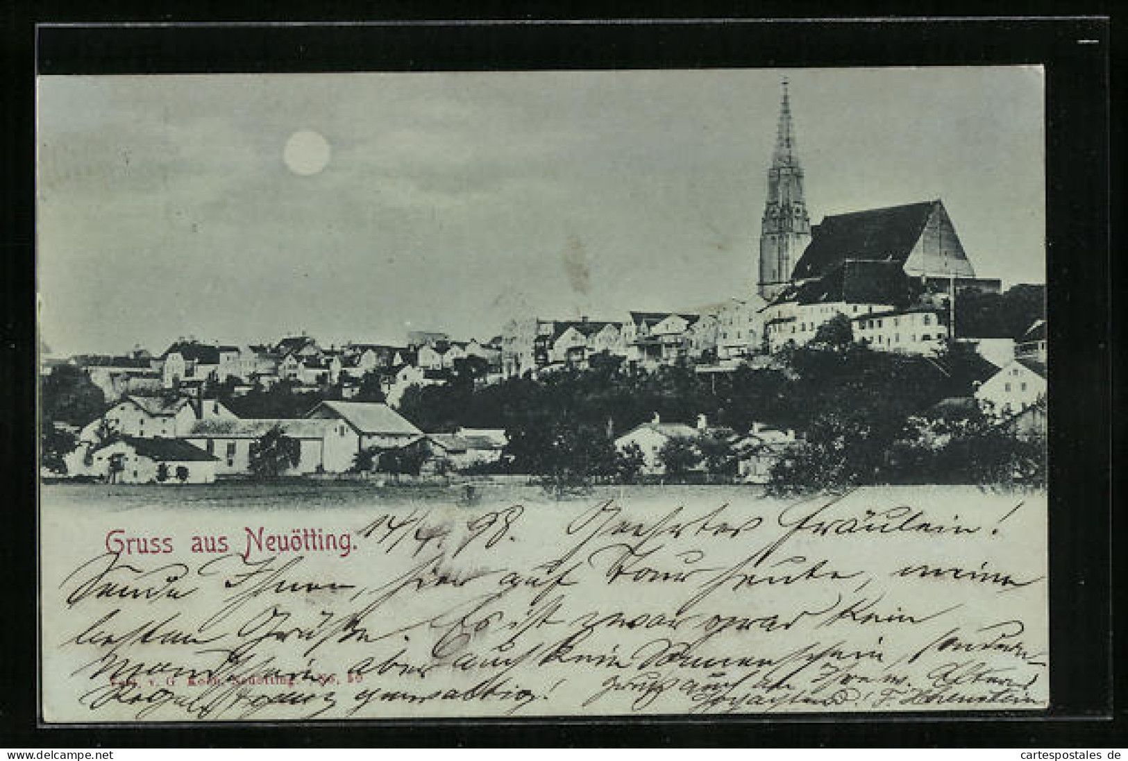 Mondschein-AK Neuötting, Teilansicht mit Kirche