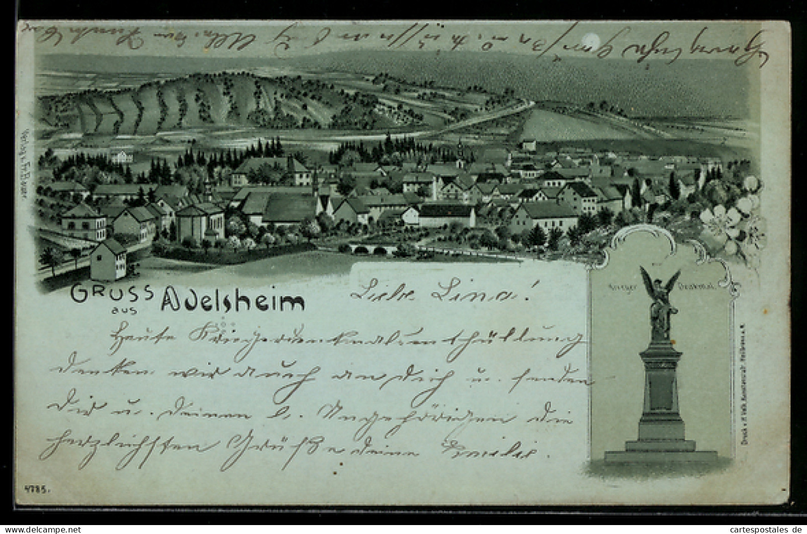 Mondschein-Lithographie Adelsheim, Kriegerdenkmal, Gesamtansicht