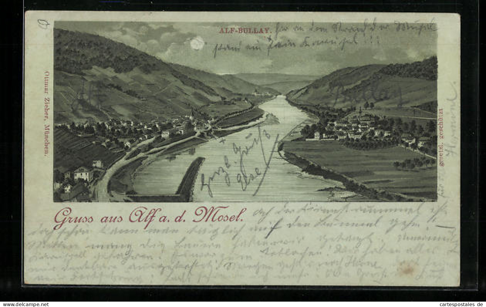 Mondschein-Lithographie Alf a. d. Mosel, Alf-Bullay aus der Vogelschau