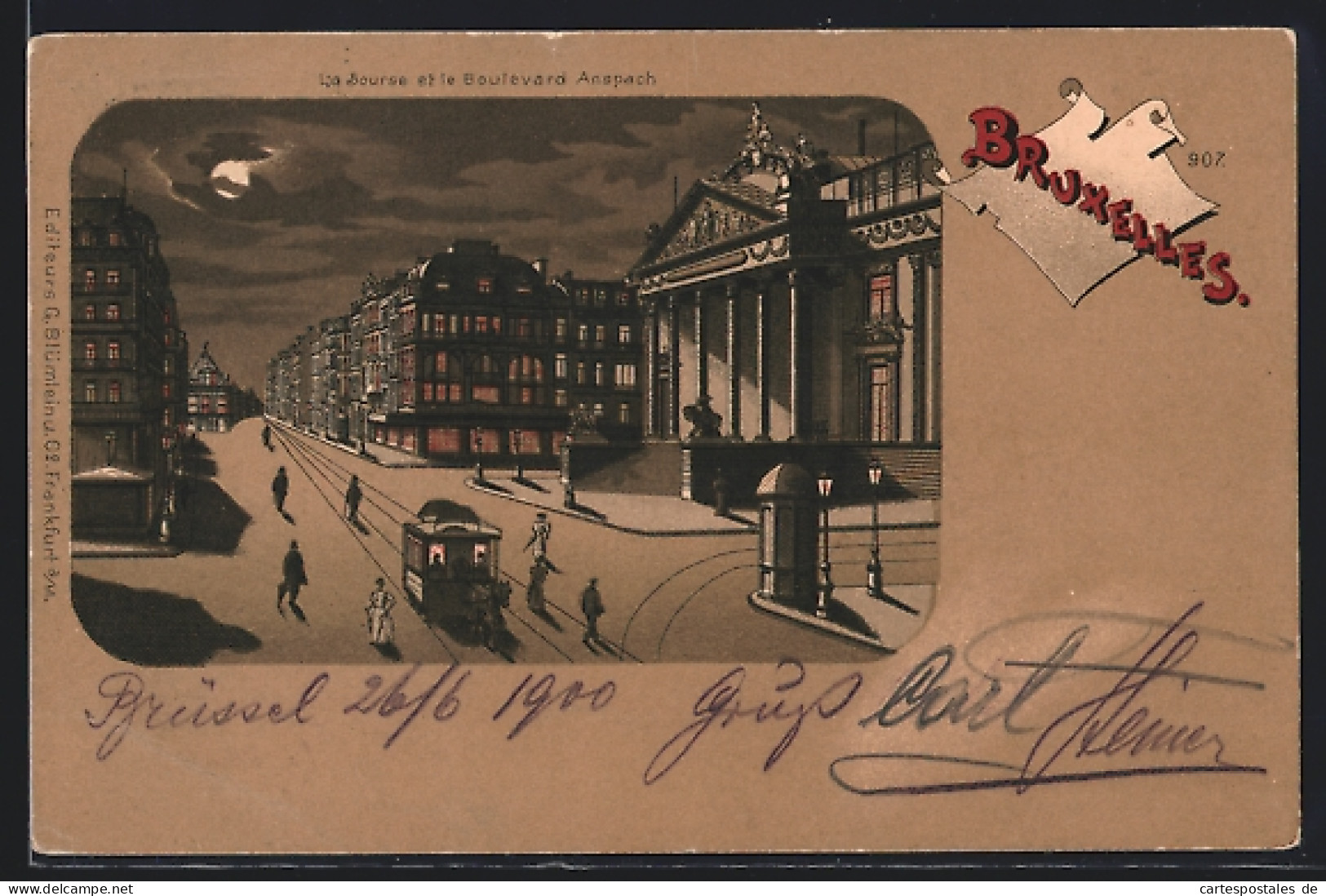 Mondschein-Lithographie Brüssel / Bruxelles, la Bourse et la Boulevard Anspach