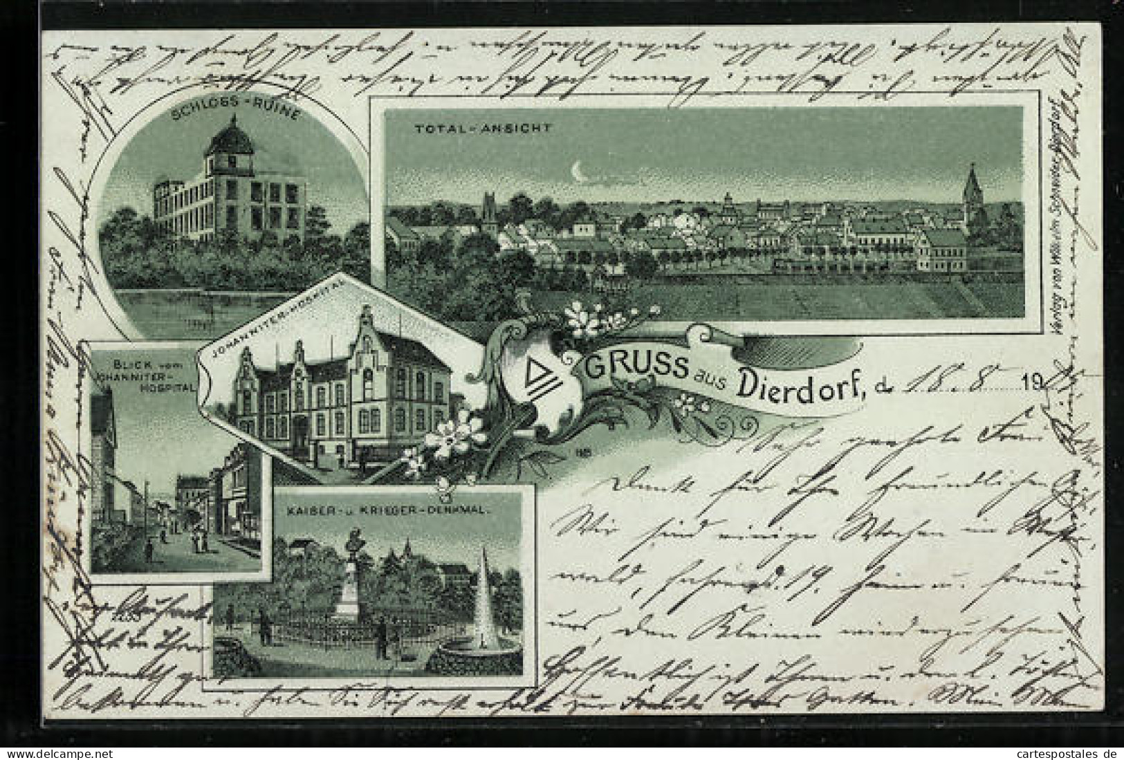 Mondschein-Lithographie Dierdorf, Schloss-Ruine, Blick vom Johanniter Hospital, Kriegerdenkmal