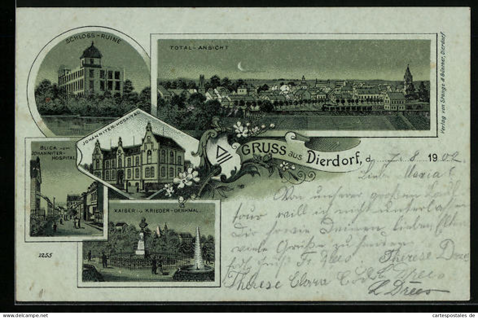 Mondschein-Lithographie Dierdorf, Totalansicht, Schoss-Ruine, Krieger-Denkmal