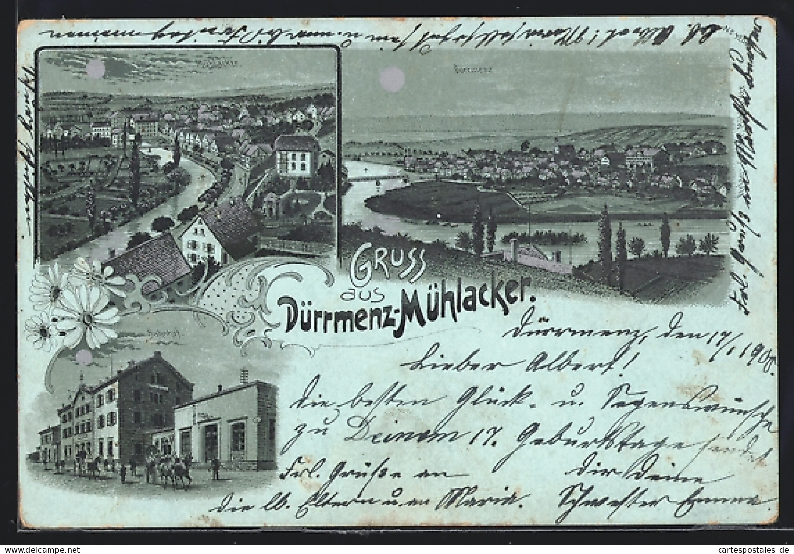 Mondschein-Lithographie Dürrmanz-Mühlacker, Teilansichten, Bahnhof