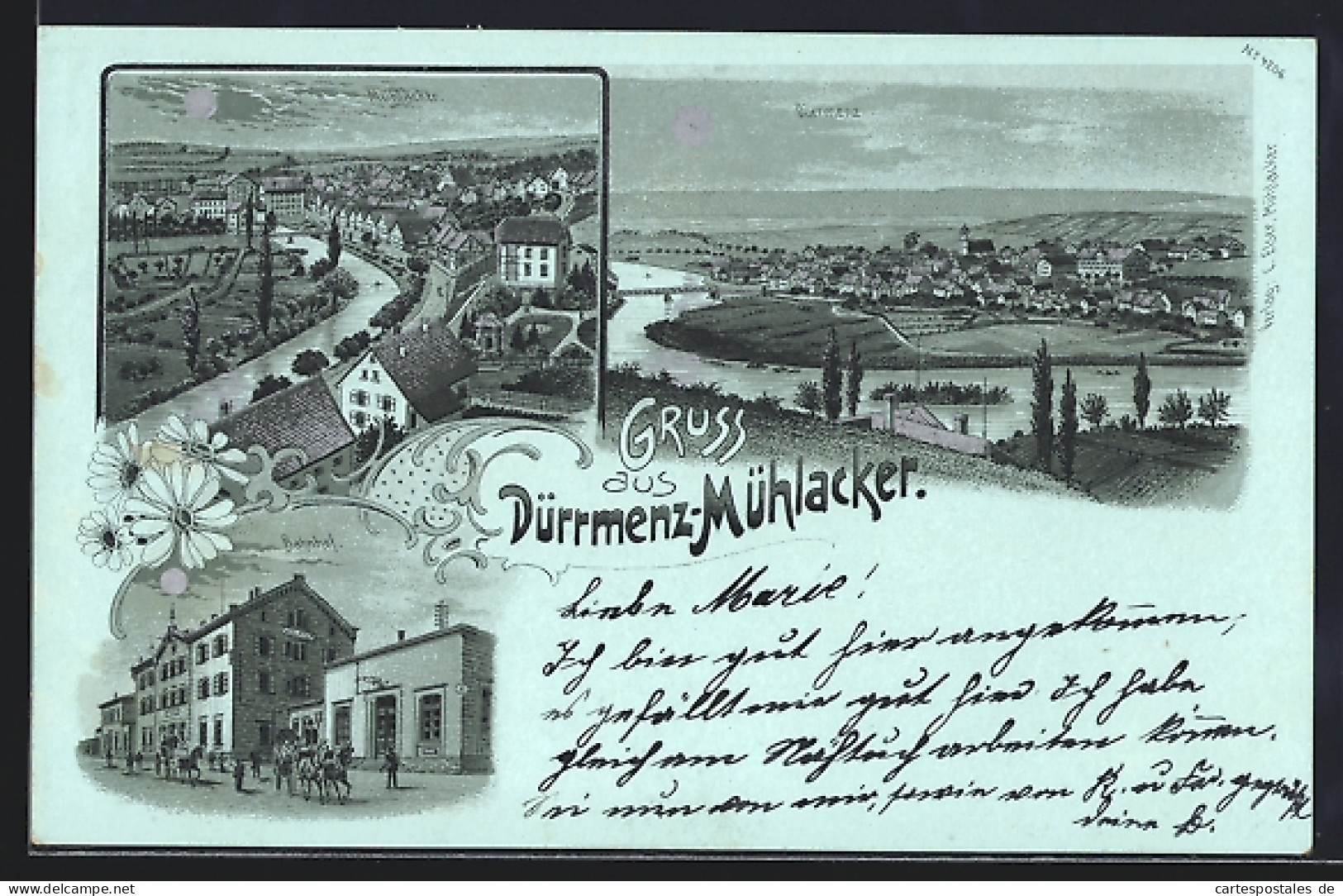Mondschein-Lithographie Dürrmenz-Mühlacker, Bahnhof und Flusspartie