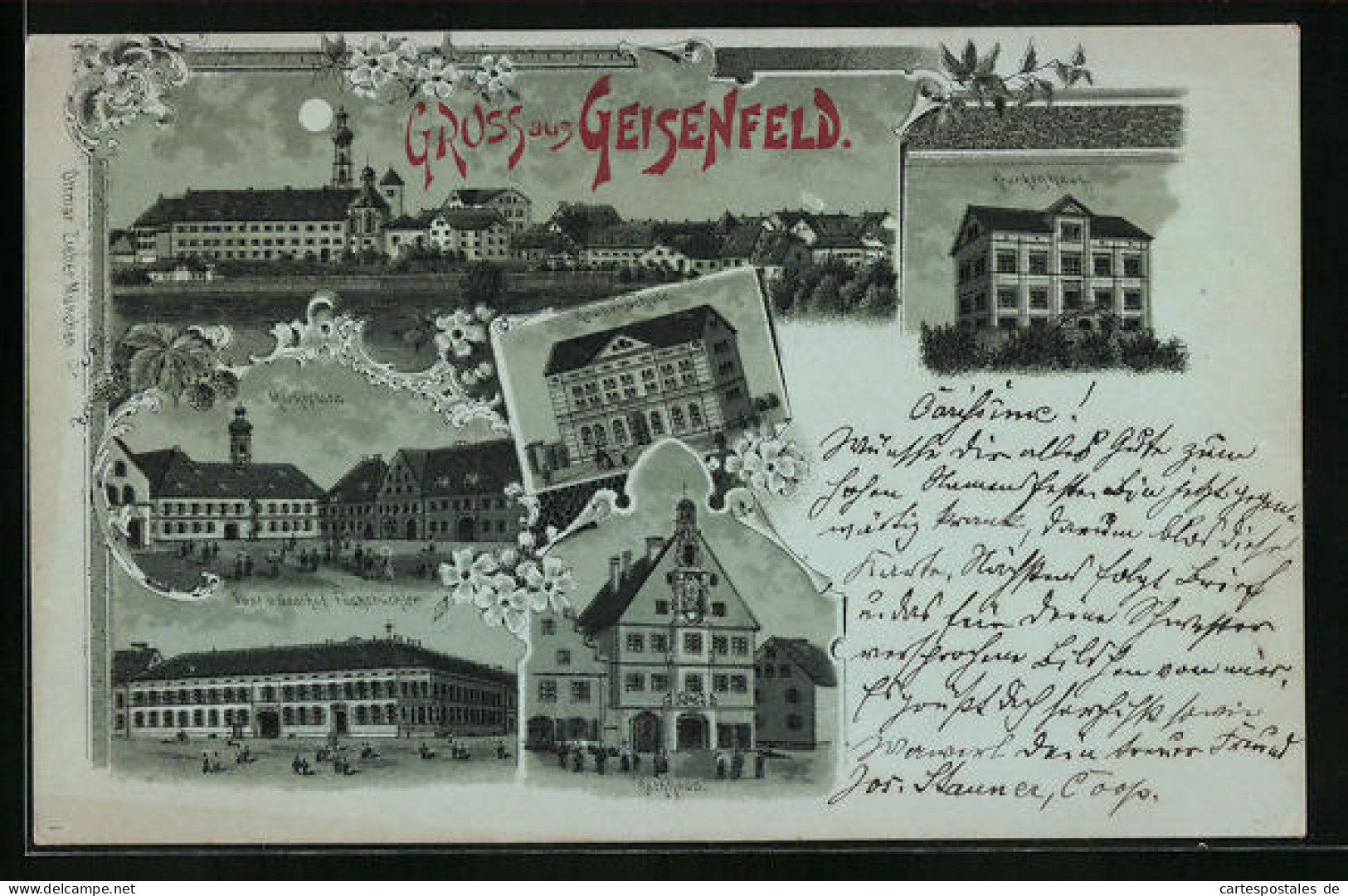Mondschein-Lithographie Geisenfeld, Post und Gasthof Fuchsbuchler, Rathasu, Krankenhaus