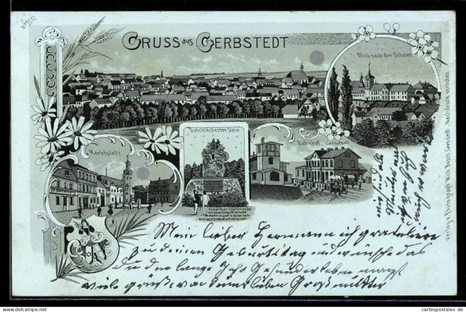 Mondschein-Lithographie Gerbstedt, Blick nach den Schulen, Marktplatz, Bahnhof