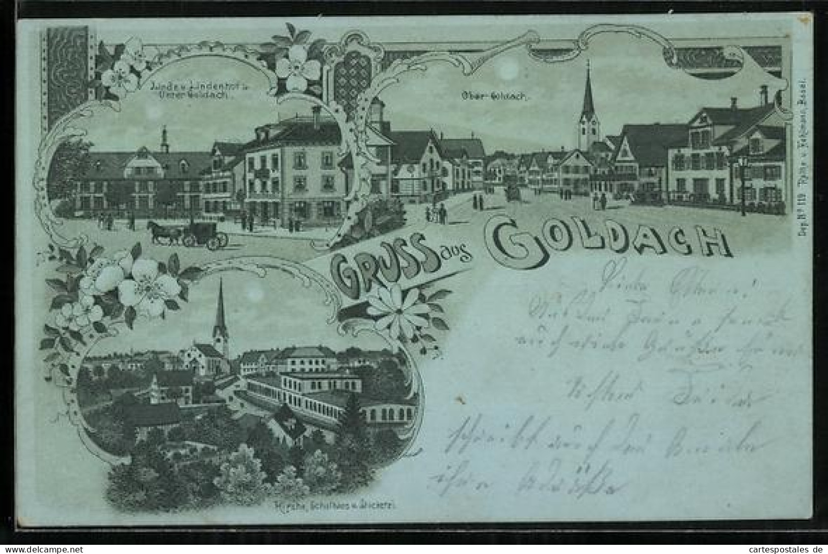 Mondschein-Lithographie Goldach, Gasthaus Lindenhof in Unter-Goldach, Ortsansicht von Ober-Goldach, Kirche, Schulhaus