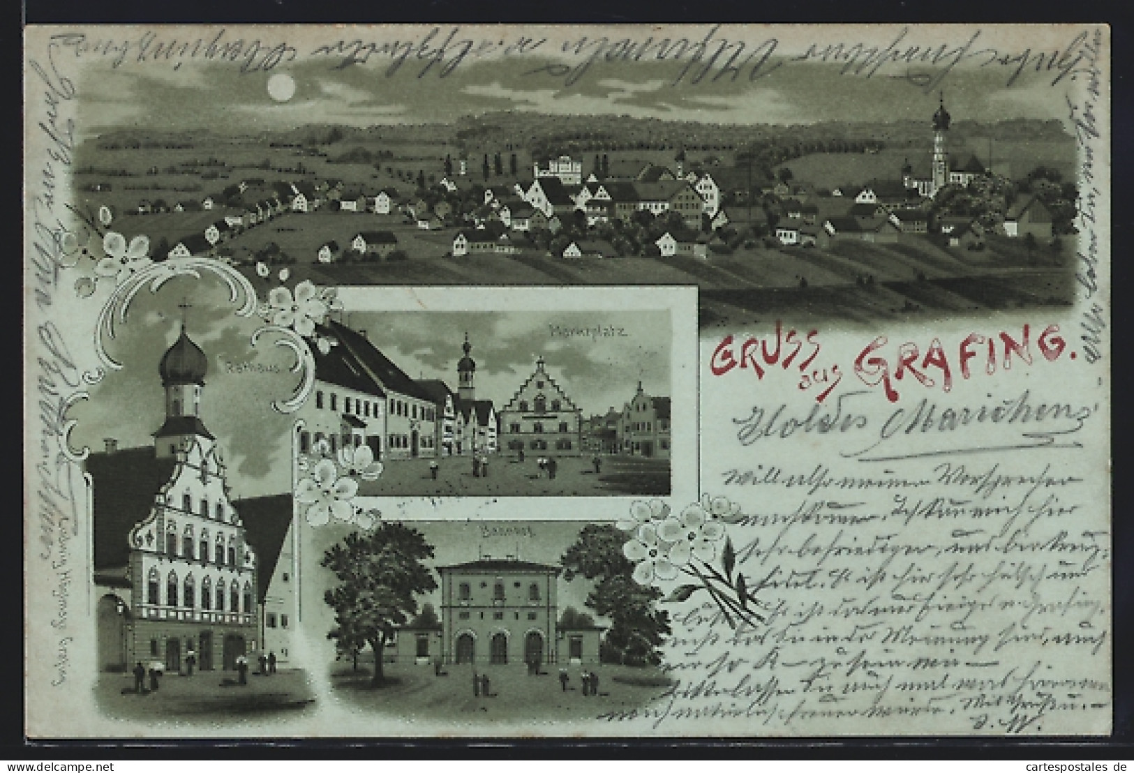 Mondschein-Lithographie Grafing, Bahnhof, Rathaus, Marktplatz