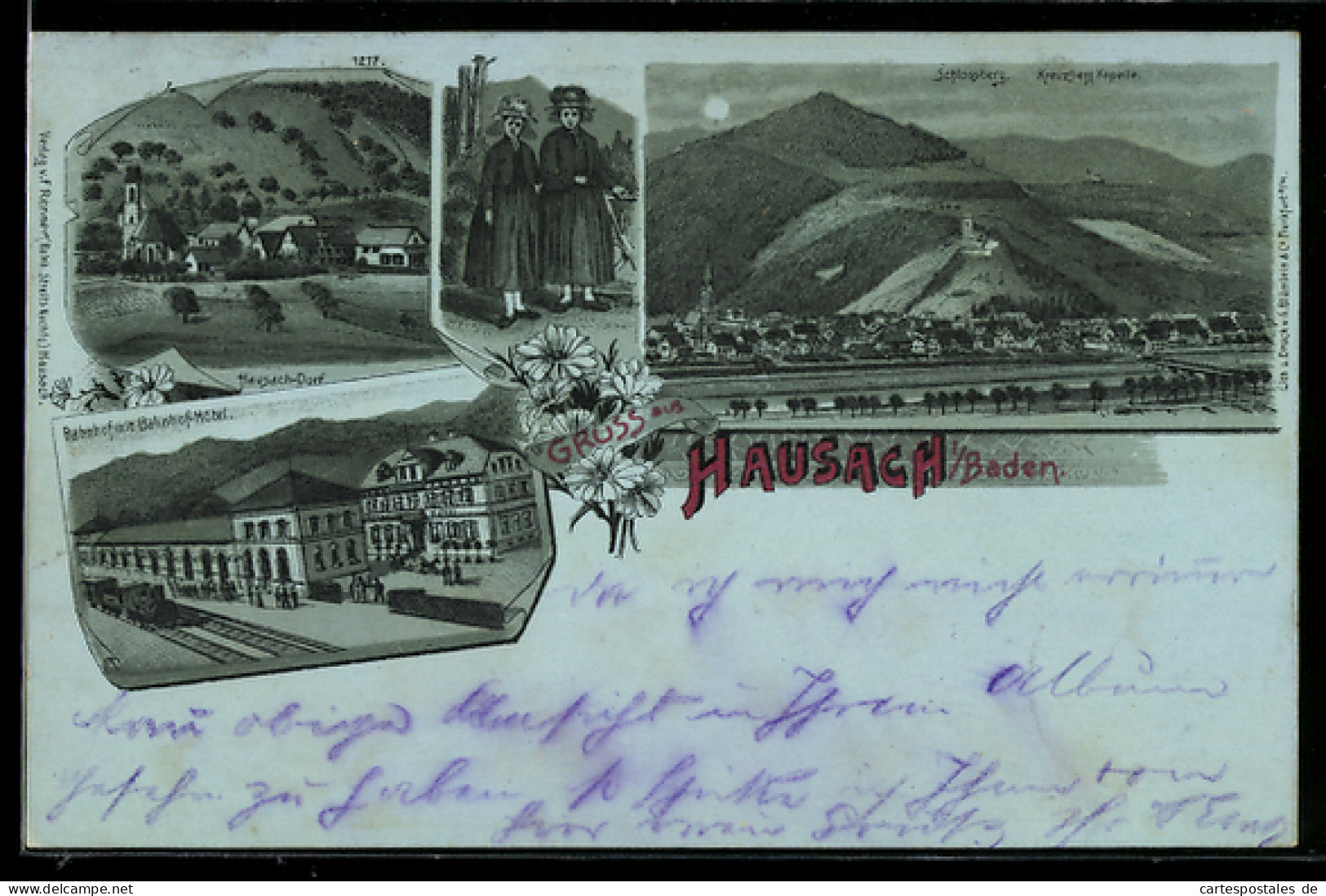Mondschein-Lithographie Hausach i. Baden, Bahnhof mit Bahnhof-Hotel, Schlossberg, Ort und Frauen in Tracht