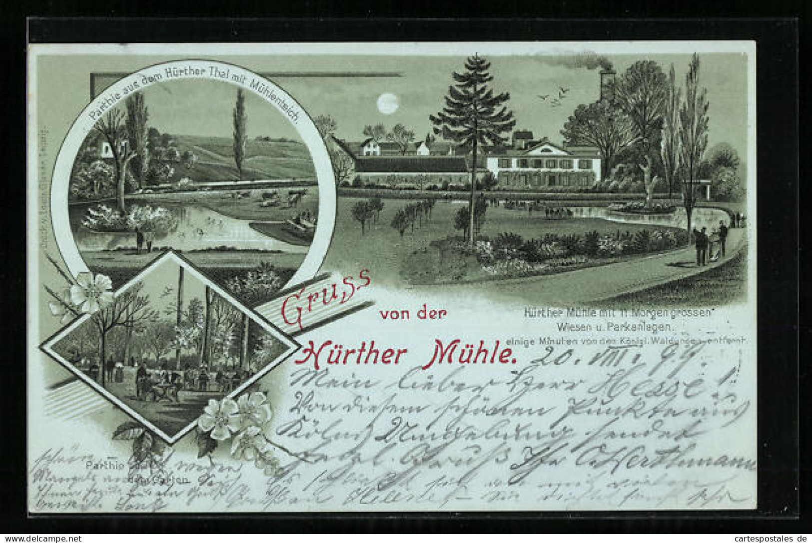 Mondschein-Lithographie Hürth, Gasthaus Hürther Mühle, Mühlenteich