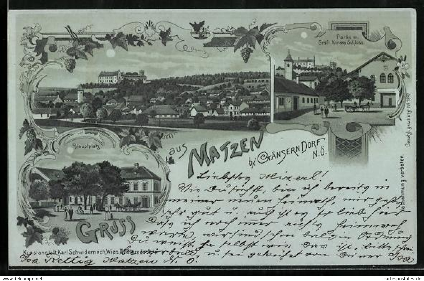 Mondschein-Lithographie Matzen b. Gänserndorf, Hauptplatz, Gräfl. Kinsky Schloss, Ortsansicht