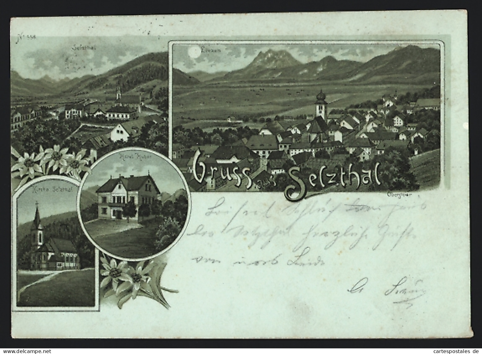 Mondschein-Lithographie Selzthal, Hotel Huber, Kirche Selzthal, Liezen