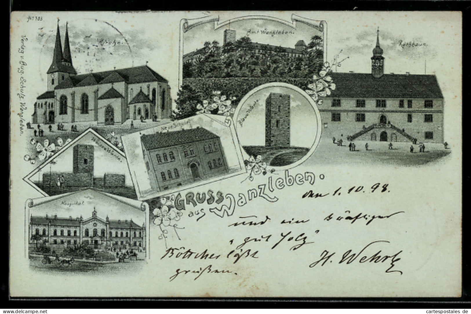 Mondschein-Lithographie Wanzleben, Neue Schule, Hospital, Rathaus, Kirche