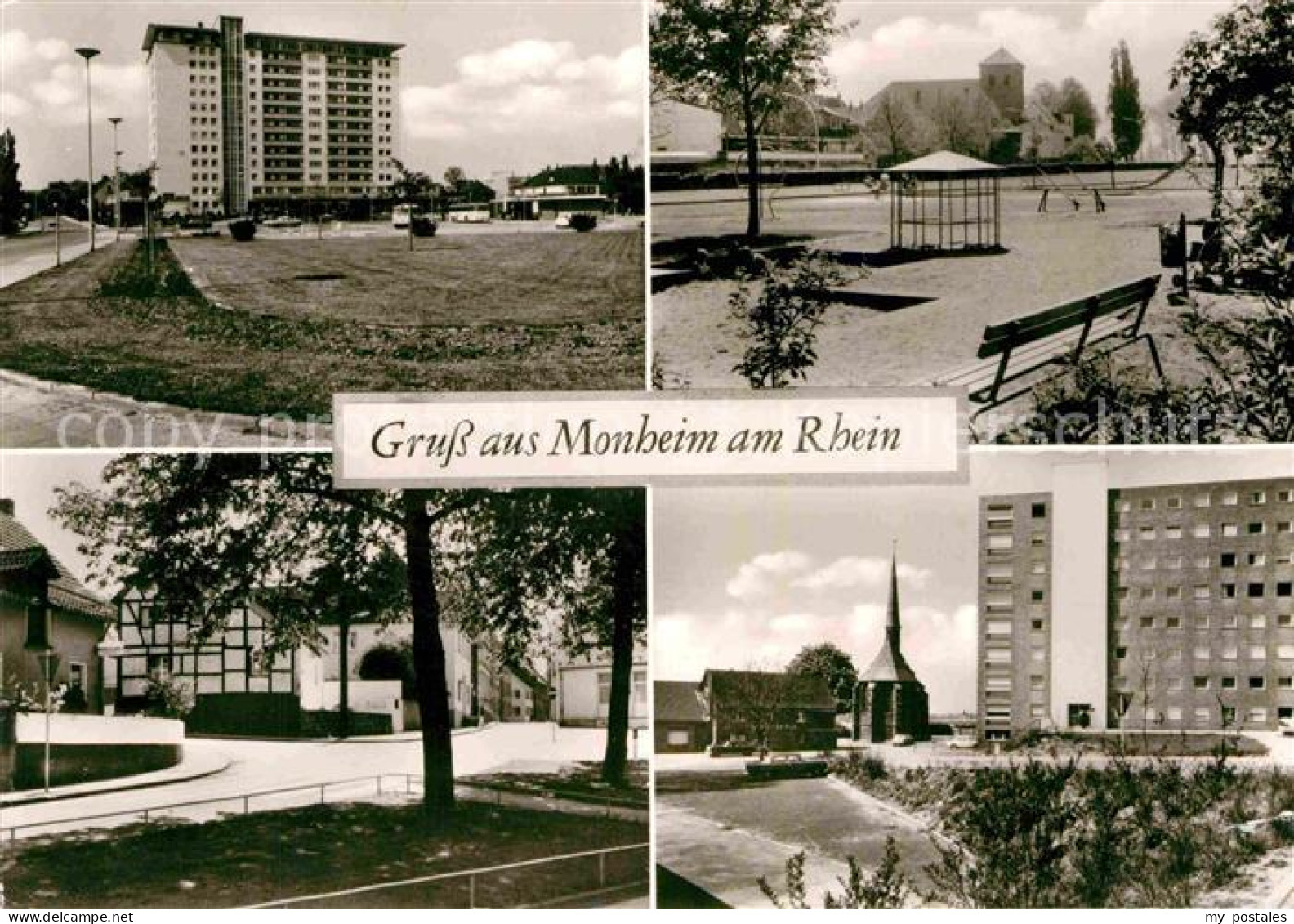 Monheim Rhein Teilansichten Hochhaus Kinderspielplatz Kirche