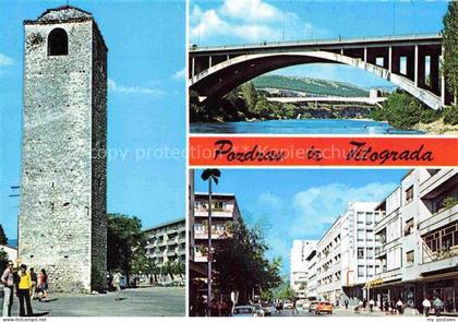 Titograd Podgorica Montenegro Uhrturm Bruecke Stadtstrasse Moderne-Haeuser Fluss
