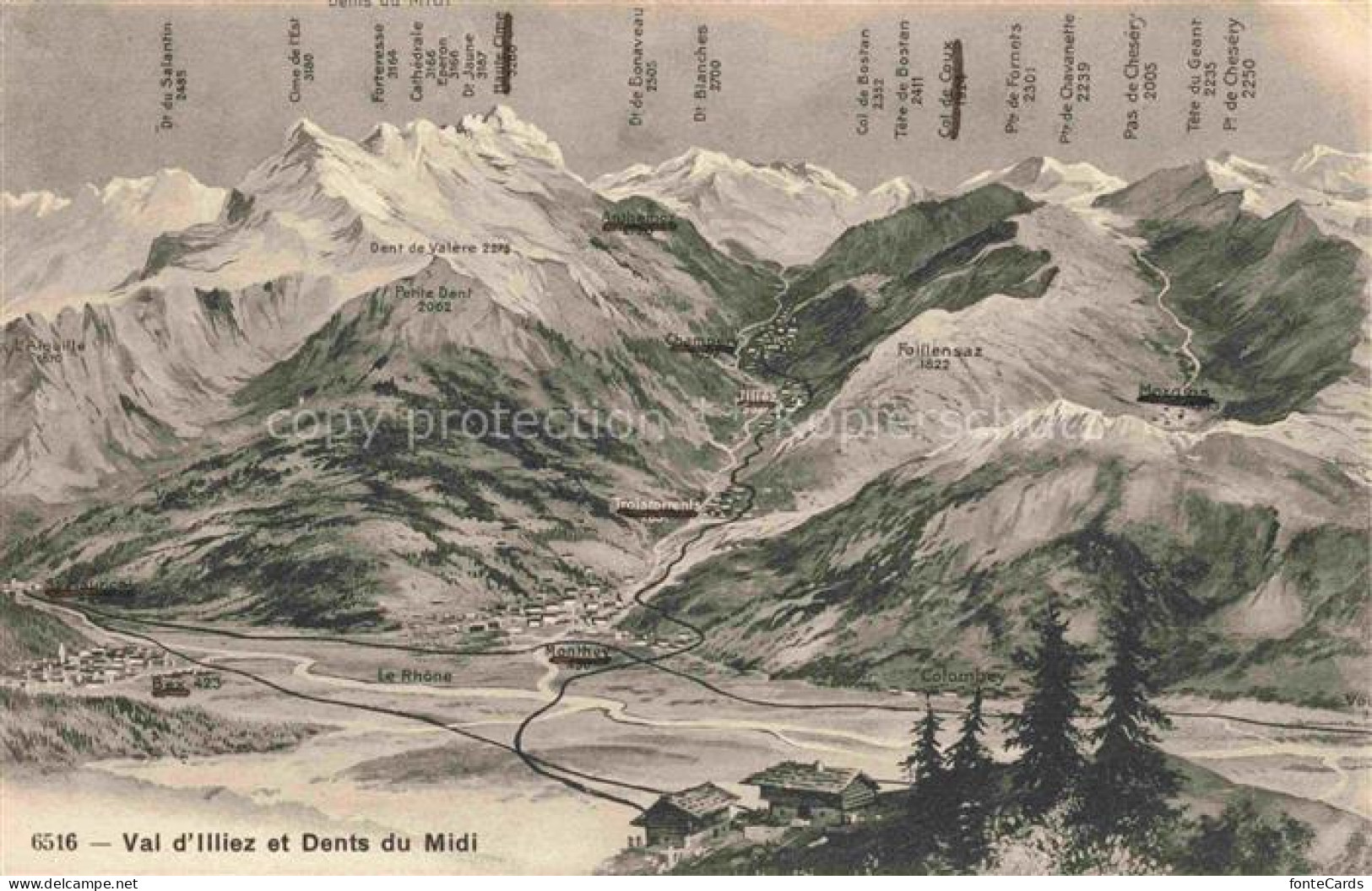 Monthey VS Val-d Illiez Dents-du-Midi Rhône Panoramakarte Berggipfel Champéry Tr
