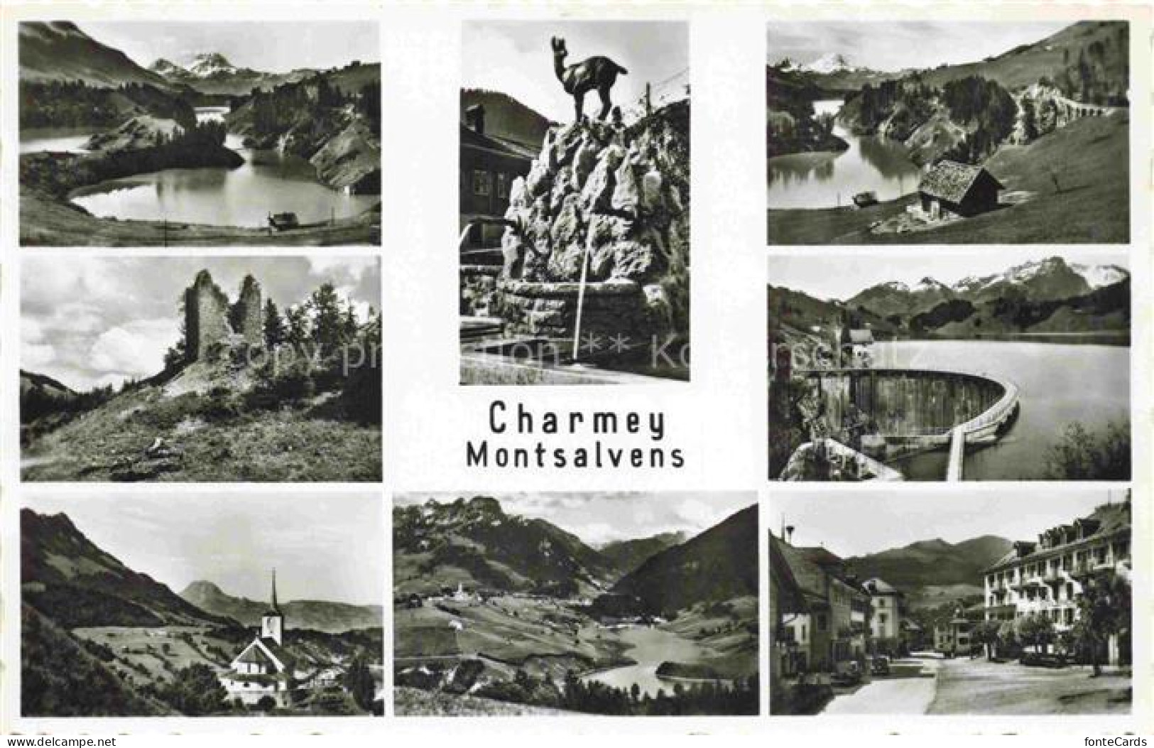 Montsalvens Chatel-sur-Montsalvens FR Panorama Brunnen Ortsmotiv Bergsee Staumau