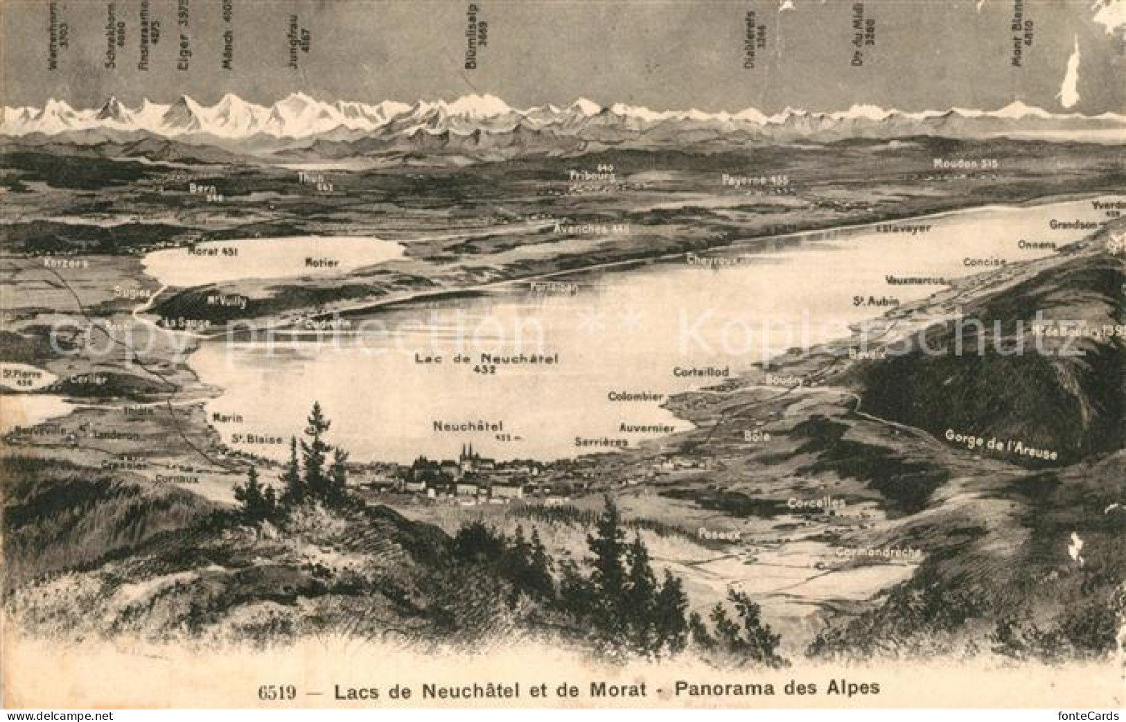 Morat Murten Panoramakarte Lac de Neuchatel avec des Alpes
