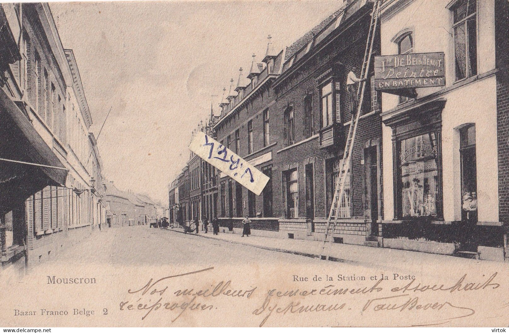 Mouscron : rue de la station et la post ( MARCOPHILIE : Van Mouscron naar Antwerpen - terug naar afzender -  REBUT  1906