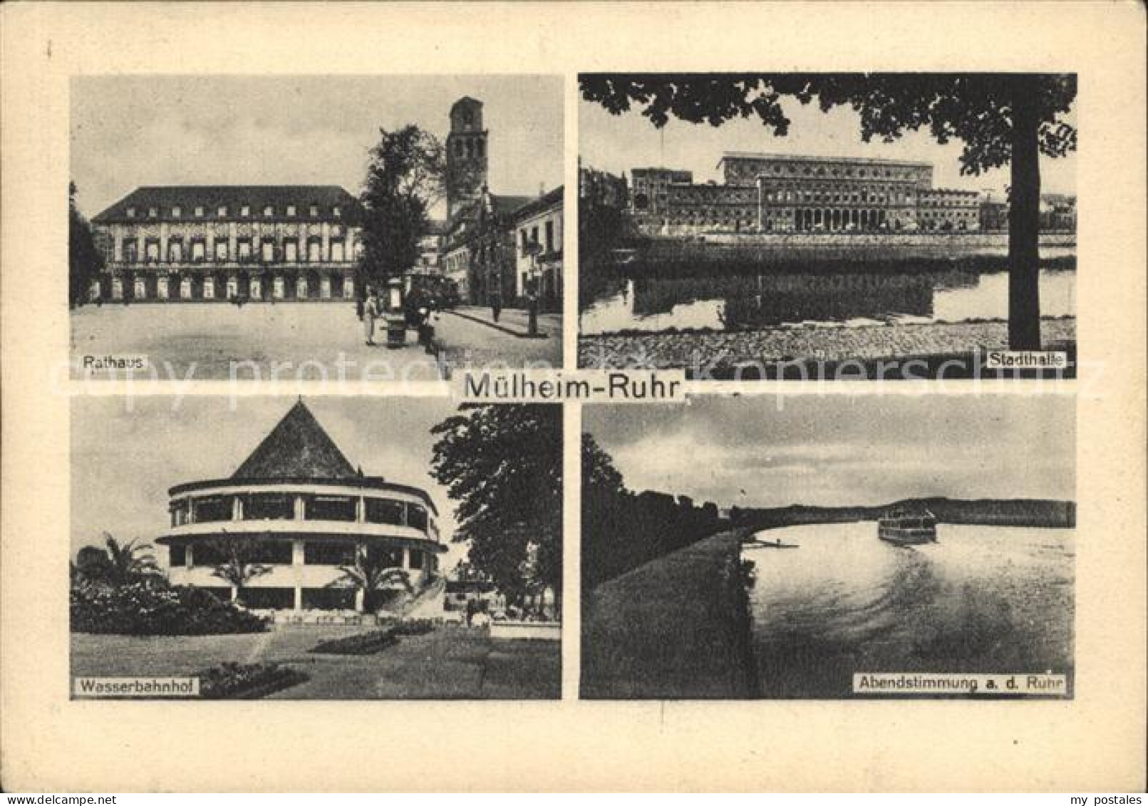 Muelheim Ruhr Rathaus Stadthalle Wasserbahnhof Abendstimmung an der Ruhr