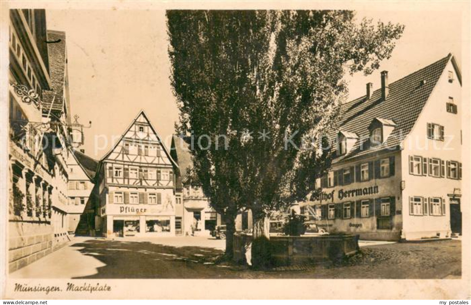 Muensingen BW Marktplatz Brunnen Gasthof Herrmann