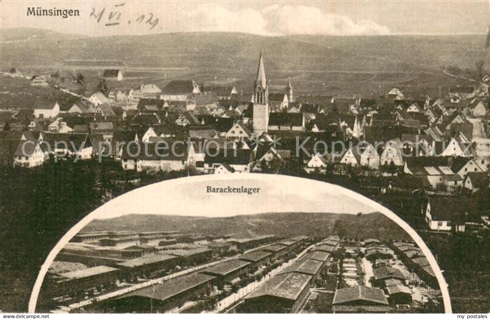 Muensingen BW Ortsansicht mit Kirche Barackenlager