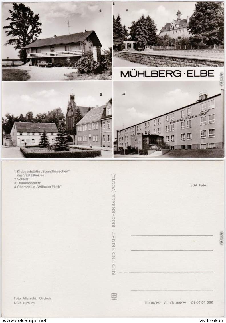 Mühlberg Elbe Gaststätte Strandhäuschen, Schloss Thälmannplatz Schule 1979