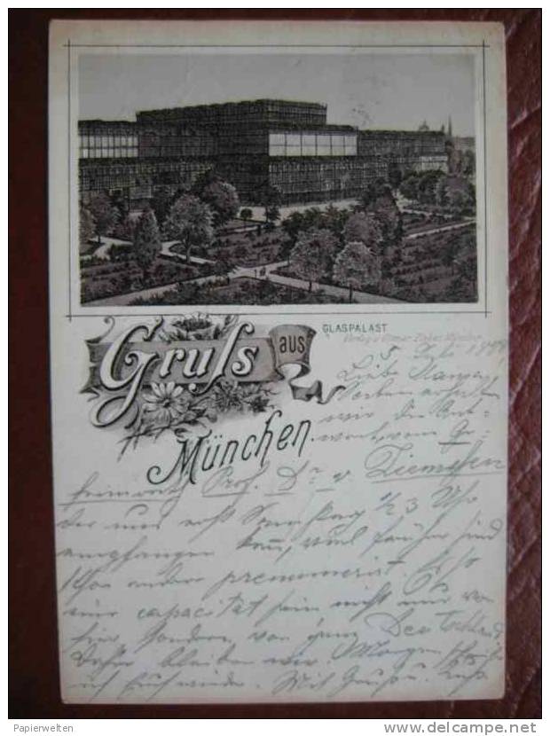 München - "Gruss aus München" - Glaspalast Lithographie 1888 / Zieher
