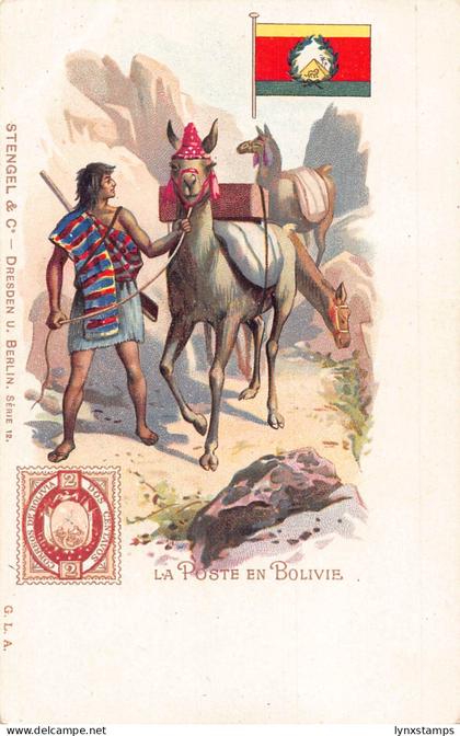 Bolivia La Poste en Bolivie postman flag litho vintage postcard