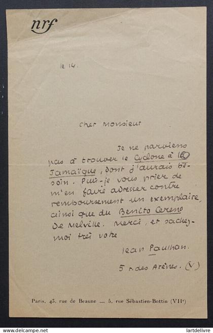 Jean PAULHAN, Gérant de la Nouvelle Revue Française, LETTRE AUTOGRAPHE SIGNÉE