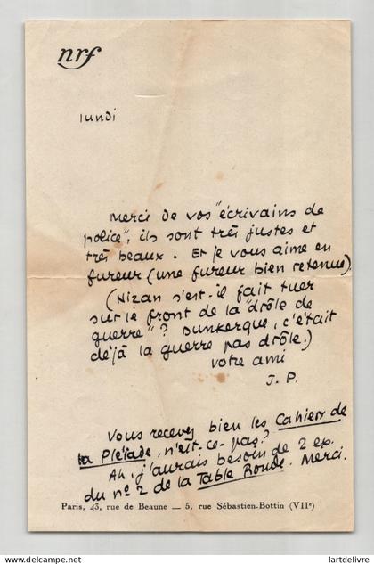Jean Paulhan - Lettre autographe signée - "c'était déjà la guerre pas drôle"
