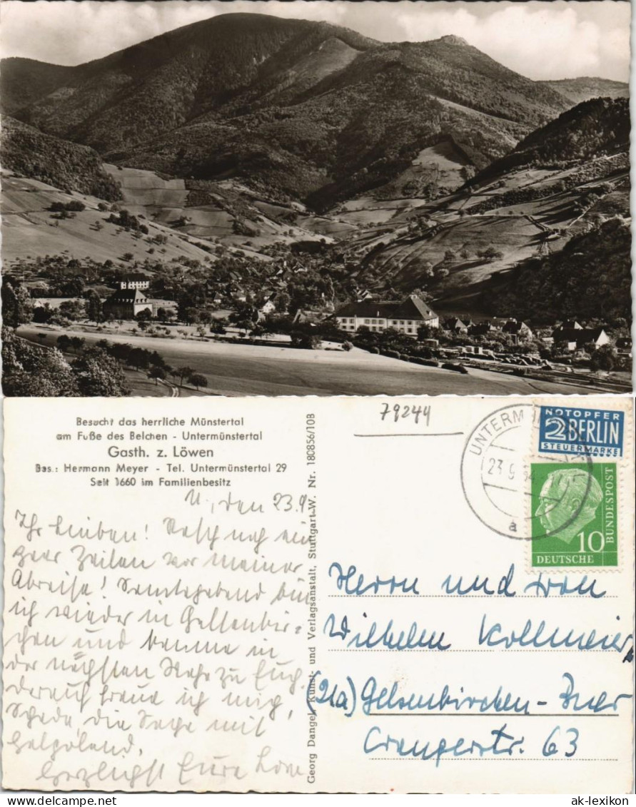 Münstertal/Schwarzwald  Untermünstertal 1954   gel Stempel Untermünstertal