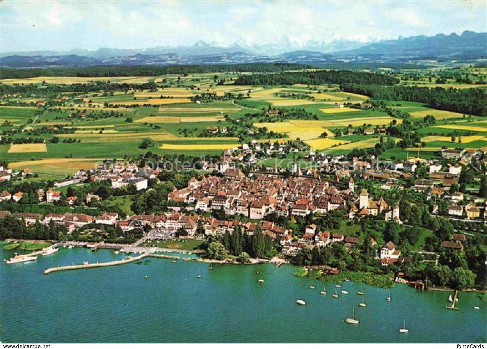 Murten Morat FR Fliegeraufnahme Murtensee Stadt Altstadt Hafen Segelboote Berner